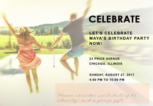 Modern party invitation with sleek design and charity support