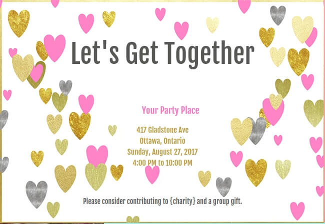 Party invitation covered in hearts, designed to give back with love