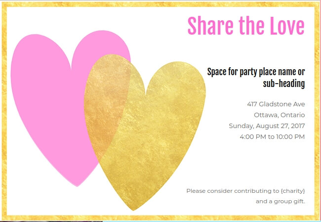 Heart and love-themed party invite promoting charitable giving