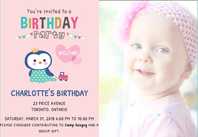 Cute birthday party invite for kids with charity support