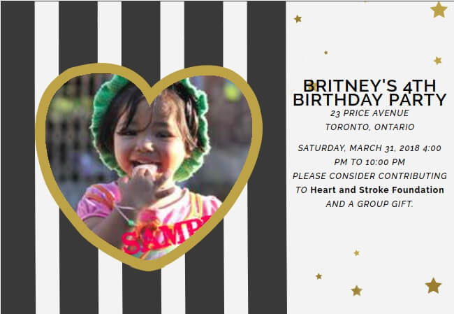 Unique children’s birthday invitation with modern graphics, editable details, and charity support