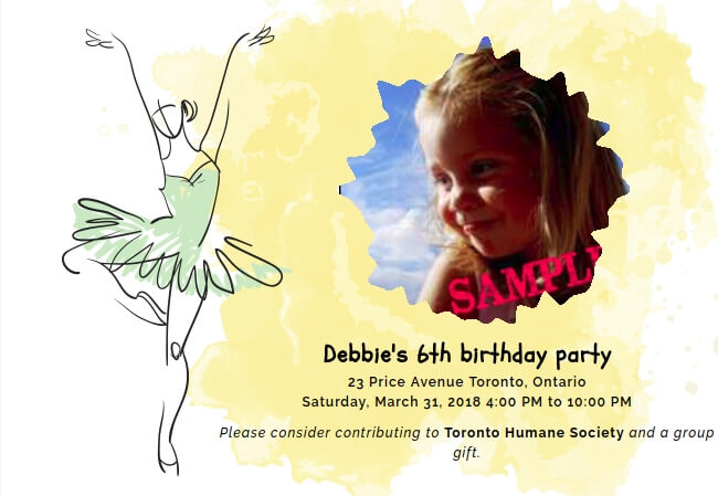 Personalized kids birthday invitation with unique design and charity feature