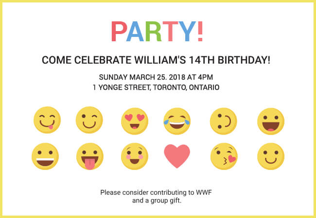 Kids party invite with emojis and charity feature