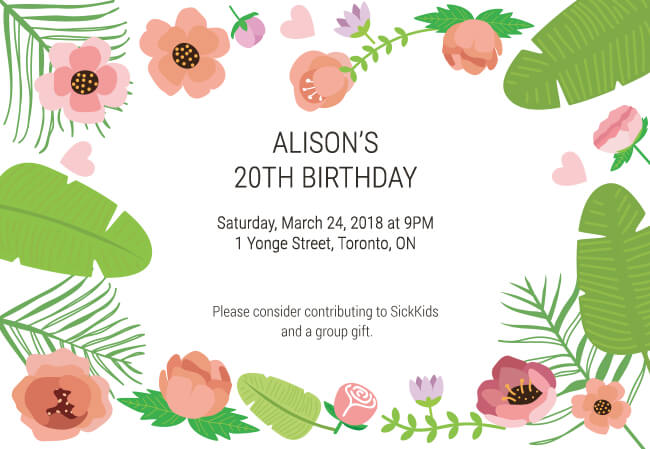 Modern birthday party invite with donation support feature