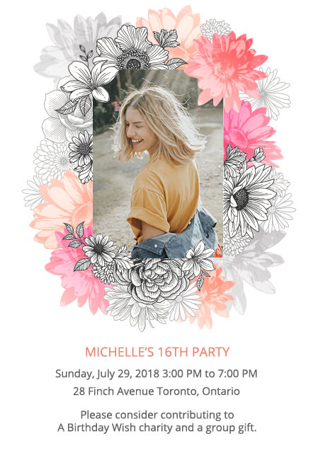 Personalized birthday party invitation template supporting charitable organizations