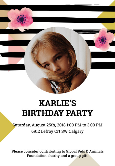 Personalized kids birthday invitations with donation capabilities