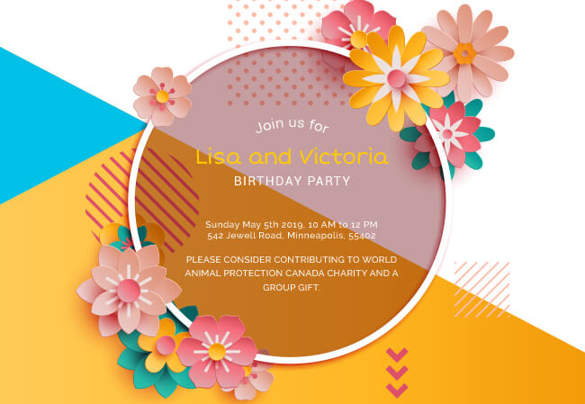Colorful and fun kids birthday invites with charity contributions