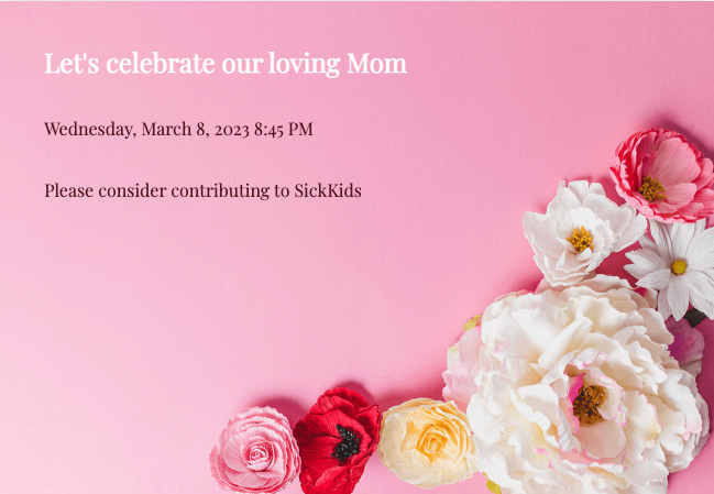 Beautiful party invitation for honoring moms with charity giving option